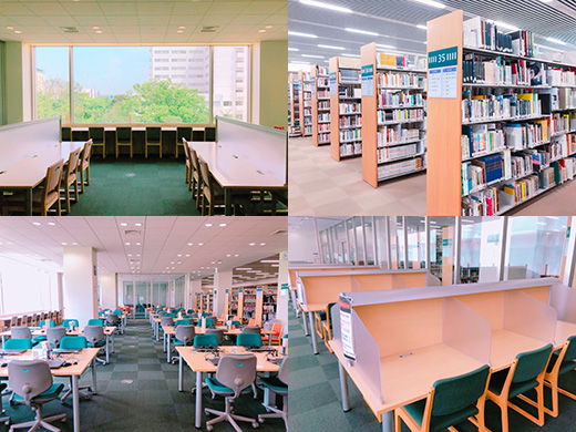 左上：図書館　窓修正後　右上：図書館　本　左下：図書館　パソコン　右下：図書館静粛ゾーン