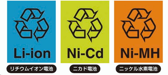 リチウムイオン電池、ニカド電池、ニッケル水素電池を表すリサイクルマーク