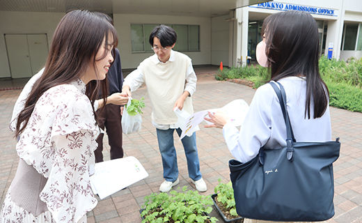 学生や教職員にゴーヤの苗を配布